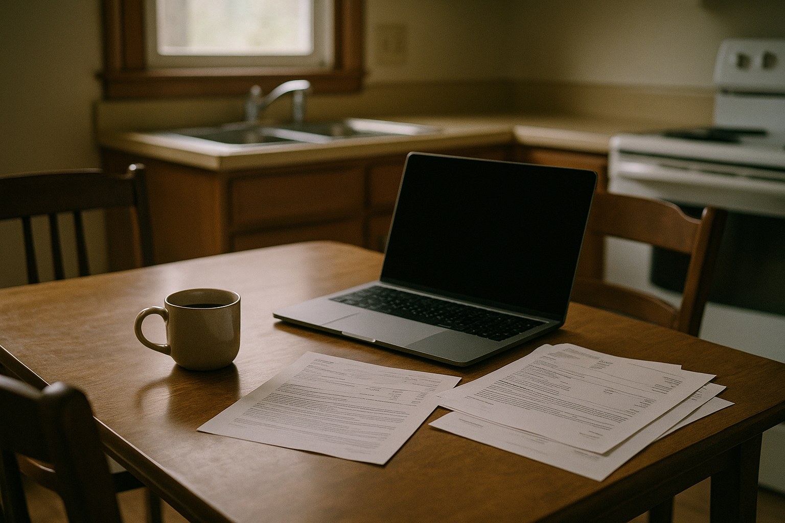 A quiet, non-clinical scene showing kitchen table with paperwork, a laptop and a cooling cup of coffee, no people in frame