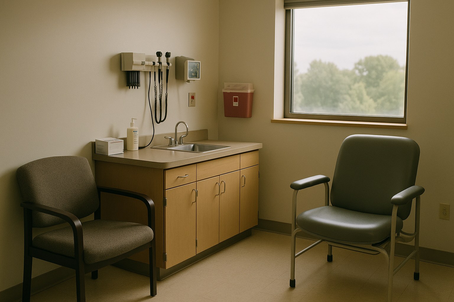 A quiet, non-clinical scene showing empty clinic consultation room with two chairs and a window, no people in frame
